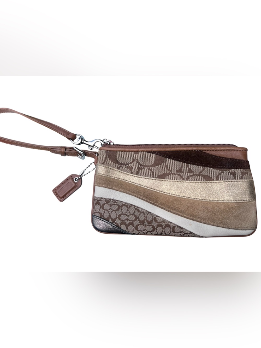 Coach Signature Patchwork Wristlet Brown Gold Suede Leather